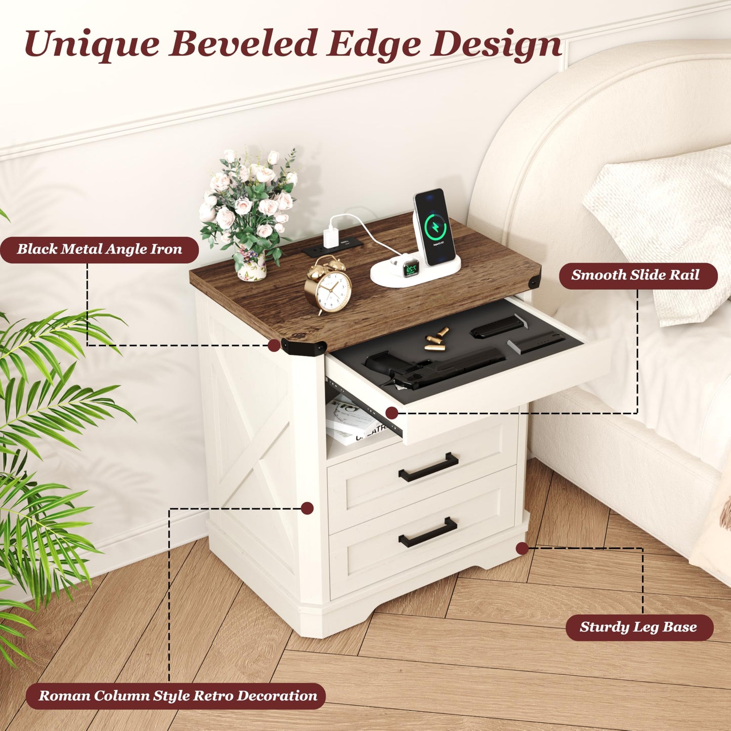 Yusong Farmhouse Night Stand with Gun Drawer & Invisible Lock, Rustic Wooden Night Stand with Charging Station, Beside Table with Drawers and Open Storage, End Tables for Bedroom, (White 004)