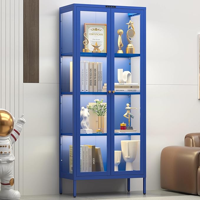 UNICOLY Display Cabinet with Glass Doors, Glass Display Cabinet with 8 Color
