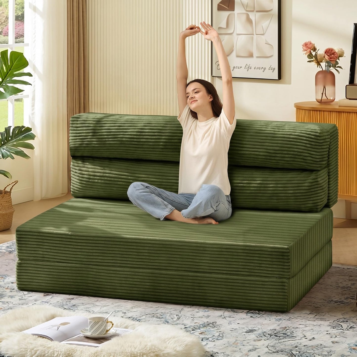 JUIKURY Folding Sofa Bed, Convertible Sleeper Chair with Pilow Foldable Matress, 2 in 1 Pull Out Loveseat Sofa Portable Fold Out Chair Bed Floor Couch Lounge for Living Room (Green, Full)