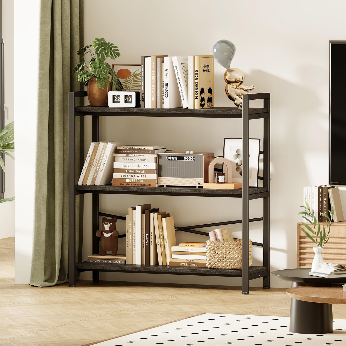 Book Shelf, 3 Tier Bookshelf 31.49" Width, Book Shelf Storage and Organization, Wooden and Metal Industrial Bookcase, Large Book Shelves for Home Living Room Bedroom Office Storage(Black)
