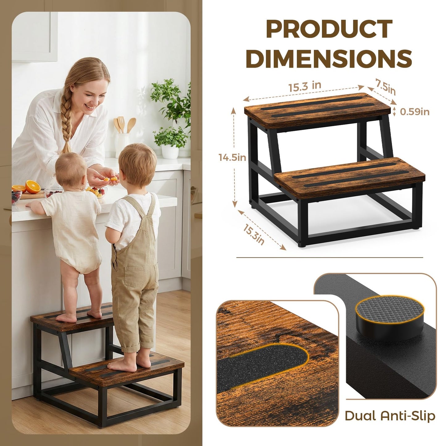 Step Stool, NomNest 2 Step Wooden Ladder Metal Foot Stool Wide Kitchen Stool Helper for Toddler Adults Seniors, Ladder Chair for Home Bedside Bathroom Sink Potty