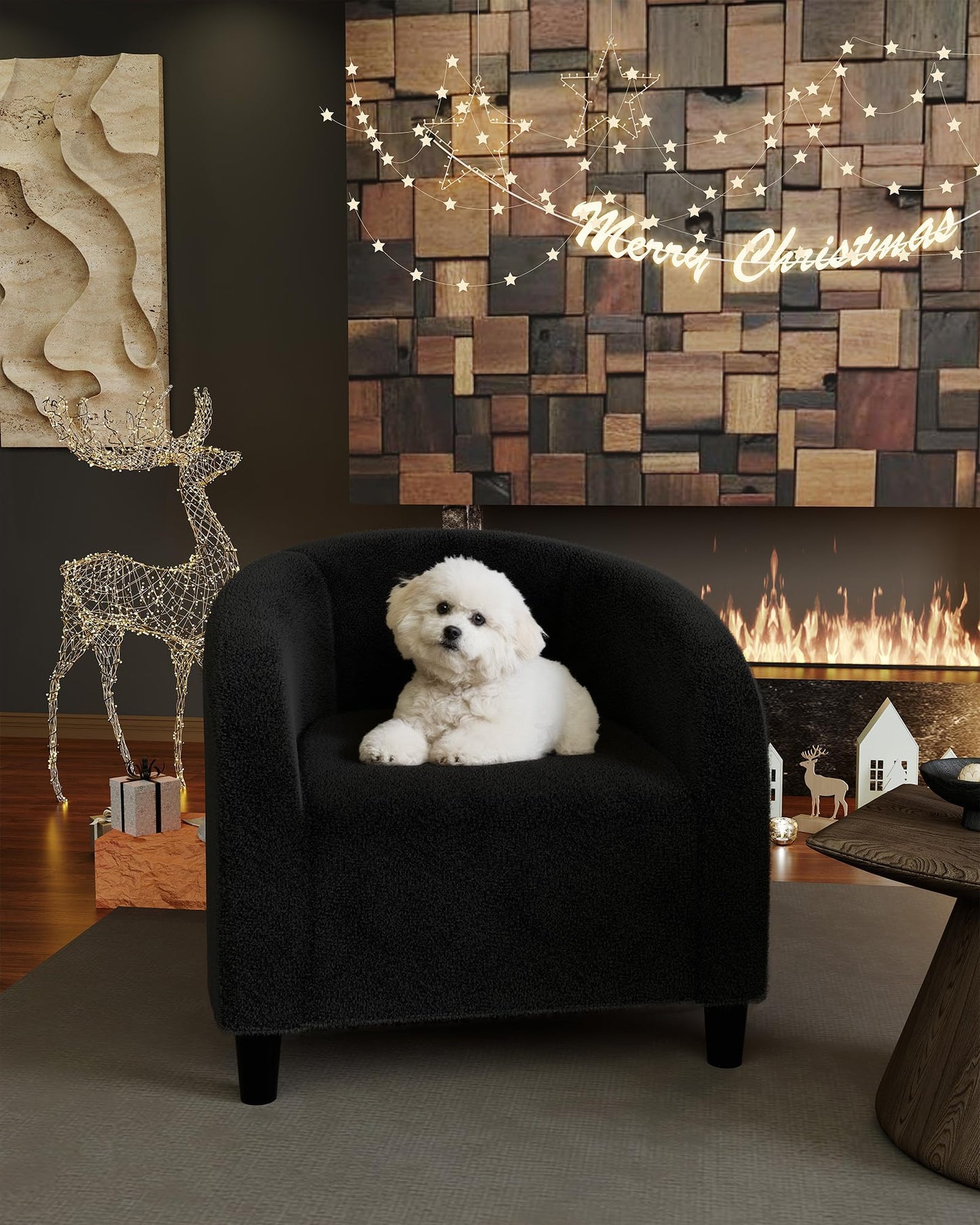 GarveeHome Accent Chair Set of 2 Living Room Chairs Barrel Boucle Chairs Comfy Armchairs for Bedroom Reading Room Reception Chairs(Black)