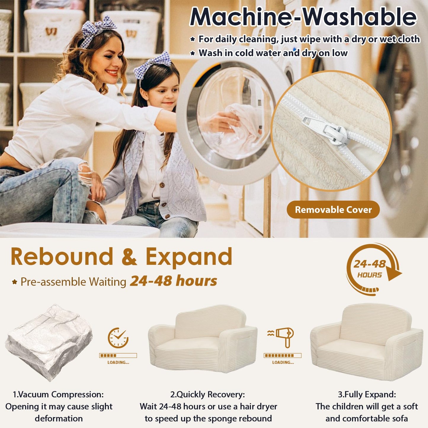Foryoomi Extra Wide 2 in 1 Convertible Toddler Kids Couch - Corduroy Fold Out Kids Sofa Chair with Blanket, Comfy Comfortable Toddler Chair, Machine-Washable Cover, for Boys Girls, Cream