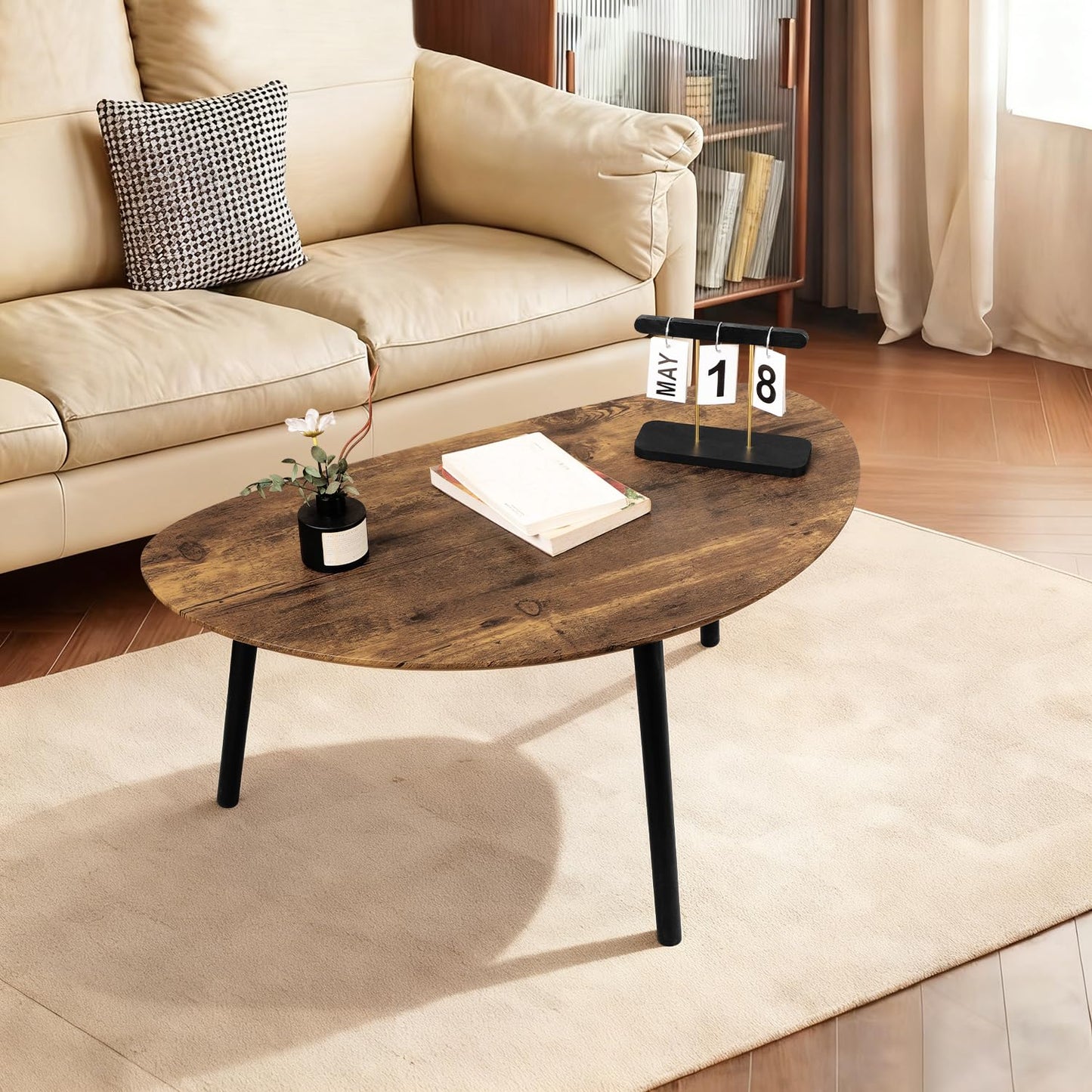 WDSHIYI Small Oval Coffee Table Espresso Wood Mid Century Modern Coffee Tables Unique Retro Farmhouse Accent Center Sofa Rustic Table for Living Room 34"x19"x16"