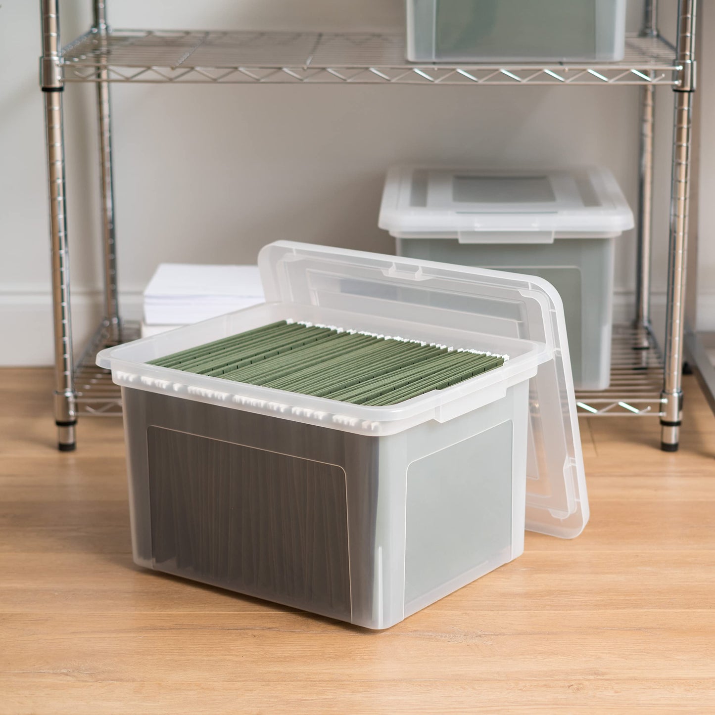 IRIS USA File Box, Plastic File Boxes With Lids, Document Organizer for Letter/Legal File, Document Box, Storage Bin For Hanging Files, Secure Latching Lid Stackable BPA-Free, Clear 35 Qt. 1 Pack