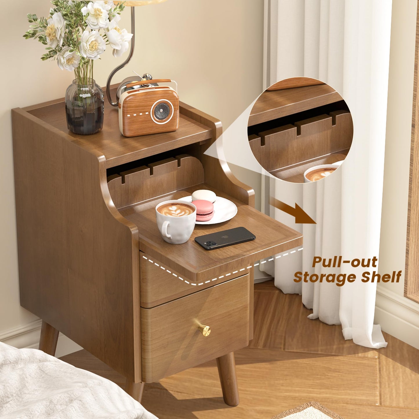 Narrow Nightstand Set of 2, Solid Wood Night Stand with 2 Drawers, Walnut Mid Century Modern Nightstand, Small Bedside Table with Open Storage Shelf for Bedroom (10 Inch)
