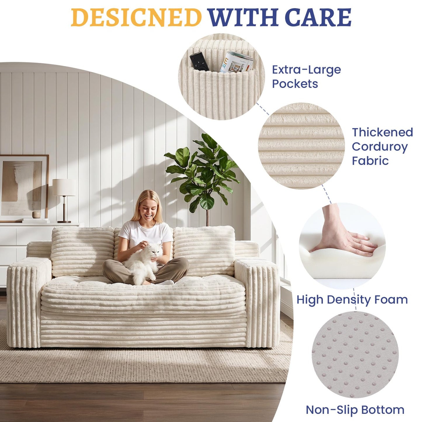 NLDD Boneless Couch, Cloud Loveseat Sofa Corduroy Couch in a Box, Upholstered Boneless 3 Seater Couch for Living Room Bedroom Office Apartment, No Assembly Required, Beige