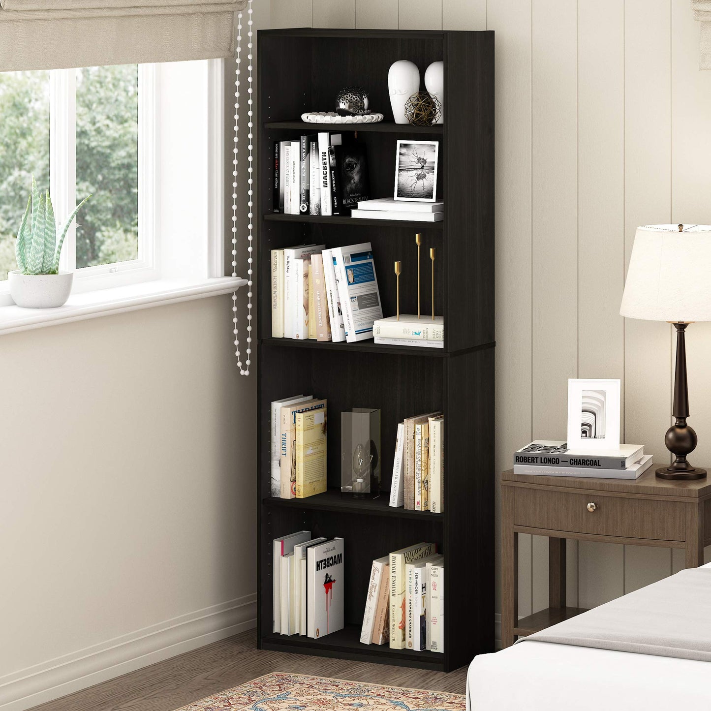 Furinno JAYA Book Shelf, 5-Tier Bookshelf, Bookcase with Adjustable Shelves, 9.5" x 24.5" x 71.2", for Organization and Storage, for Living Room, Bedroom, Home Office, Espresso
