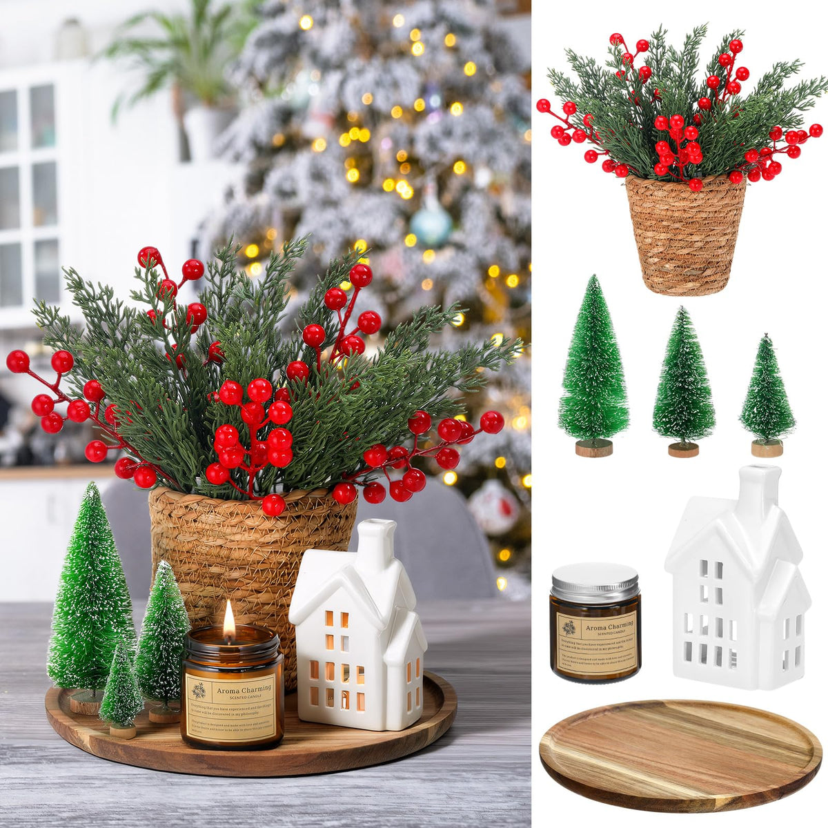 Pinkunn 25 Pcs Christmas Tray Decor Table Centerpieces with Round Wood Tray Scented Candles Ceramic Village House Mini Xmas Trees Pine Leaves Red Berries Rattan Flower Pot Xmas Decorative Set for Home