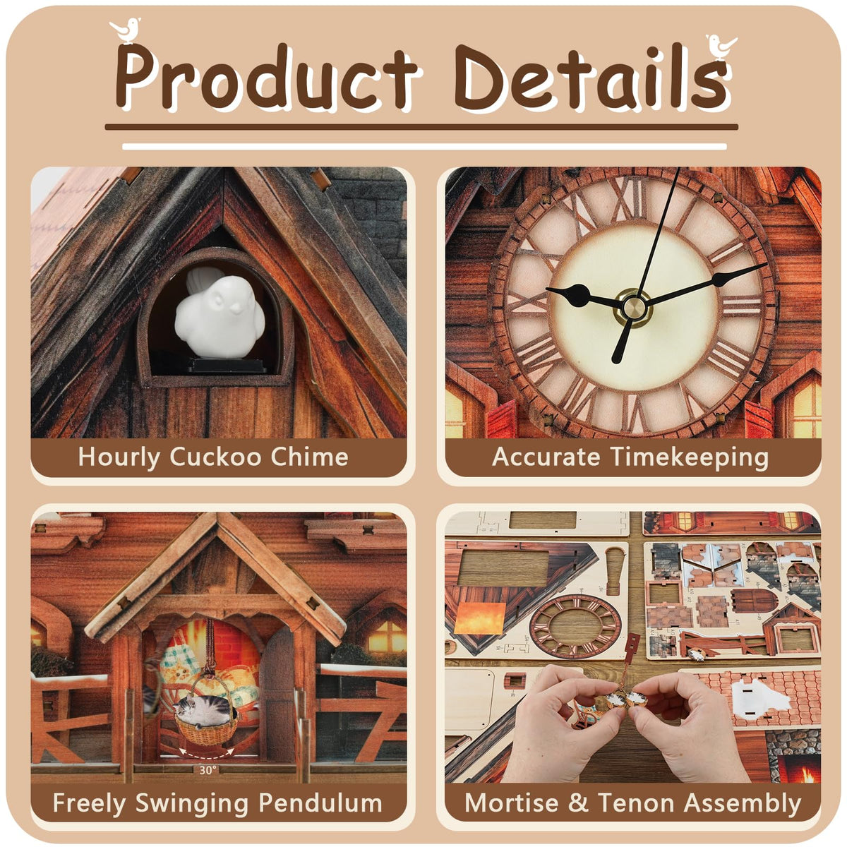 3D Puzzle for Adults Clock,Swiss Chalet Cuckoo Clock Model Kit-Mechanical DIY Pendulum Clock with Roman Numerals-Desk Home Office Decor Personalized Gifts for DIY Lover