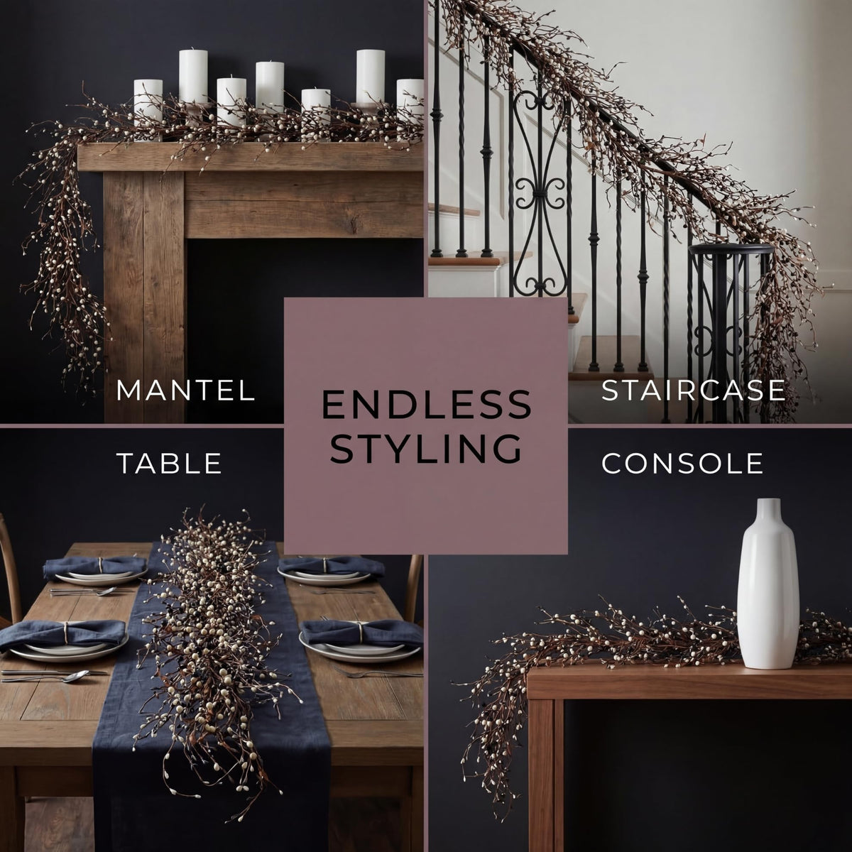 Quixem 60 Inch (5FT) Rustic Navy Blue Black & Cream Pip Berry Garland for Fireplace Mantel & Table Runner, Flexible Wired Artificial Vine, Coastal Farmhouse Decor, Precise Size