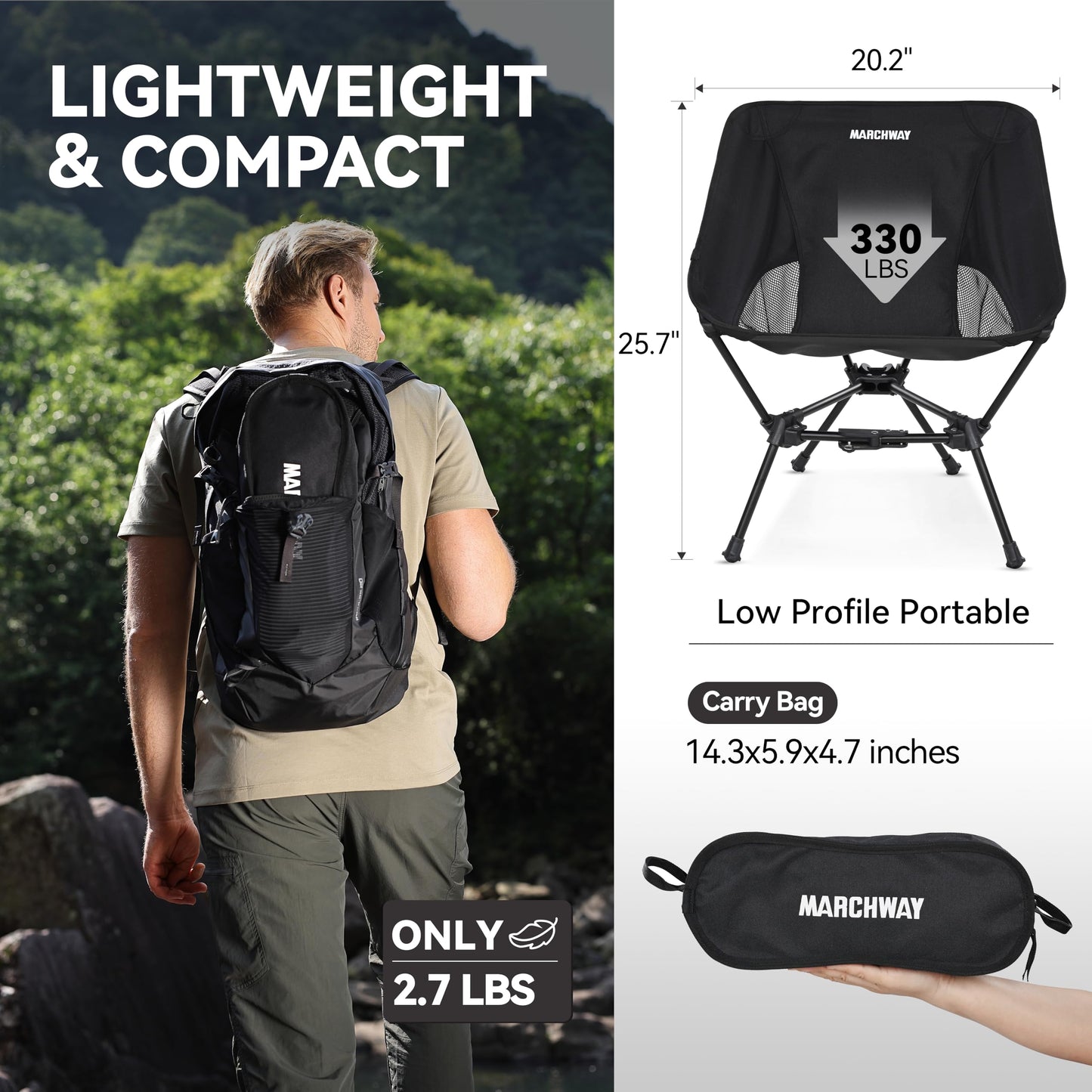 MARCHWAY Lightweight Folding Camping Chair with Spring Lock, Stable Compact Portable for Outdoor Camp, Travel, Beach, Picnic, Festival, Hiking, Backpacking (Lowback Black)