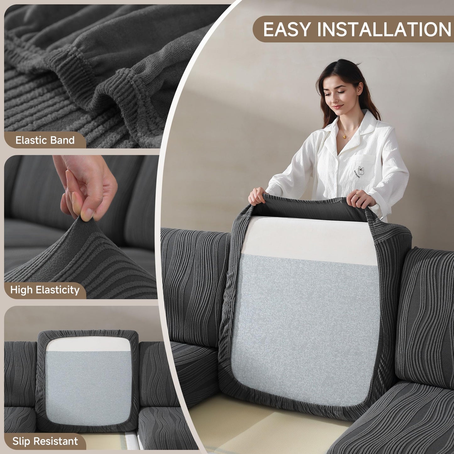 QIANMEW Couch Cushion Covers, Super Stretch Washable Sofa Slipcovers for L Shaped & Modular Seats, Pet-Friendly Furniture Protector with Stripe Design, (1 Seat Cover XL, Dark Gray)