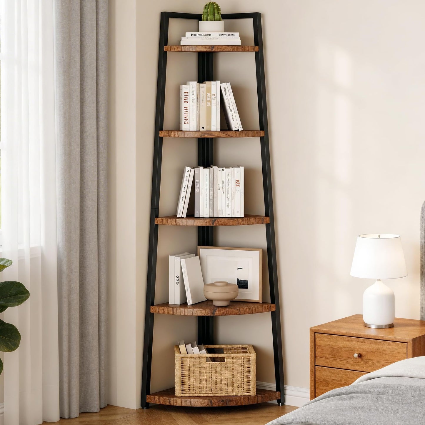 GUTECLOUD Soild Wood Corner Shelf, 5 Shelf Bookcase for Bathroom & Living Room, Tall Corner Bookshelf with Ladder Design, Space Saving Corner Bookcases (Brown)