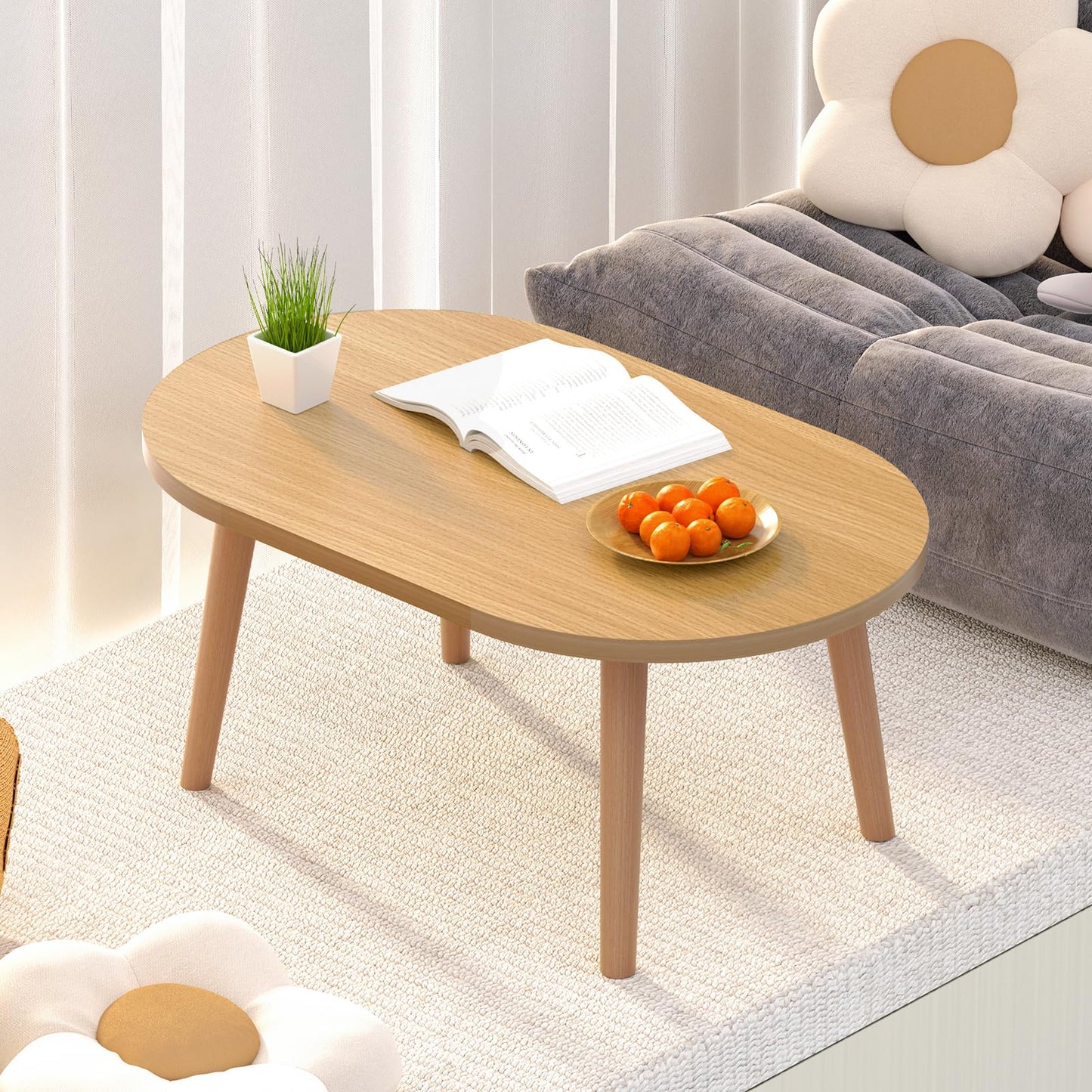 FAMIDGE Coffee Table, 23.6" Small Oval Coffee Tables for Small Space with 4 Solid Wood Leg, Floor Table Desk for Sitting on The Floor, Side Table Japanese Low Table for Living Room Apartment, Brown