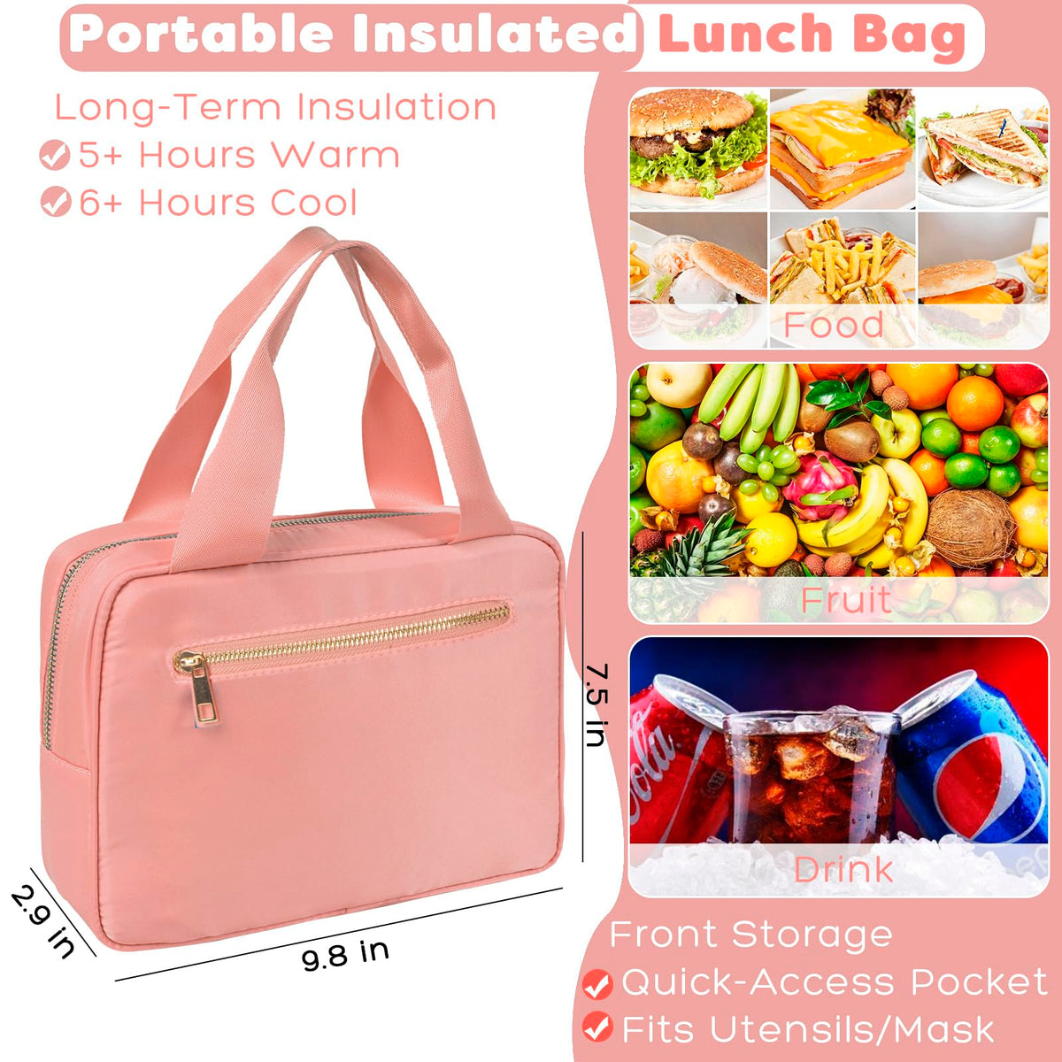 ChezMax Zipper Binder 3 Ring with Lunch Box - Zipper Binder Organizer Bag with Shoulder Strap & Handle, 2 Inch O Ring Binders, Large 500 Sheet Capacity & Multi-Pocket Binders Bag Organizer, Pink