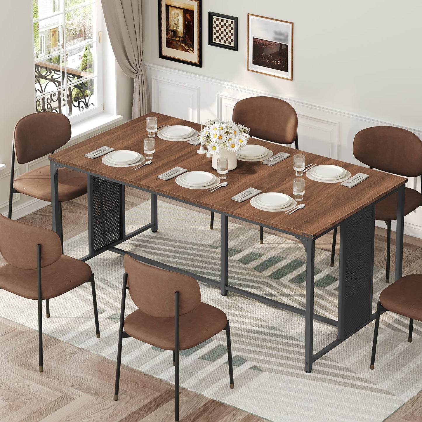 YATINEY Dining Table for 6-8, 63" Large Kitchen Table, Industrial Dining Room Table, Wooden Rectangular Table with Adjustable Feet, for Dinner, Kitchen, Walnut and Black CZ03BH