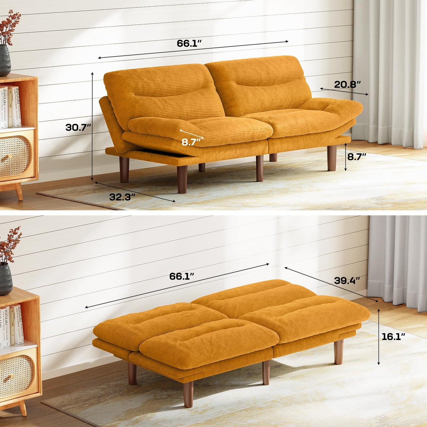 Marsail 66" Futon Sofa Bed, Convertible Corduroy Futon Couch with Adjustable Backrest & Armrests, Small Sleeper Sofa Loveseat for Living Room, Apartment, Office, Yellow