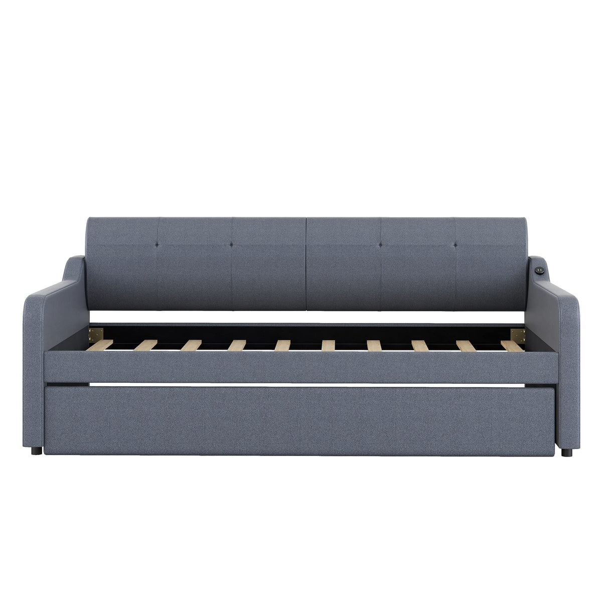 GDFStudio Twin Size Upholstered Daybed with Trundle and USB Charging Port, Pop-Up Trundle Flat or Elevated, Woven Fabric Day Bed Frame with Backrest and Armrests, Gray