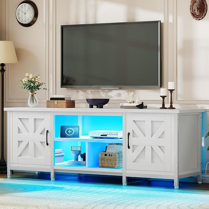 YITAHOME TV Stand with LED Lights & Charging Station, Farmhouse Entertainment