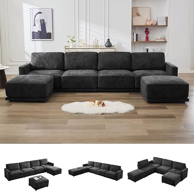 143.8" Modular U Shaped Sofa, Oversized Sectional Cloud Couch, 6 Seater Deep