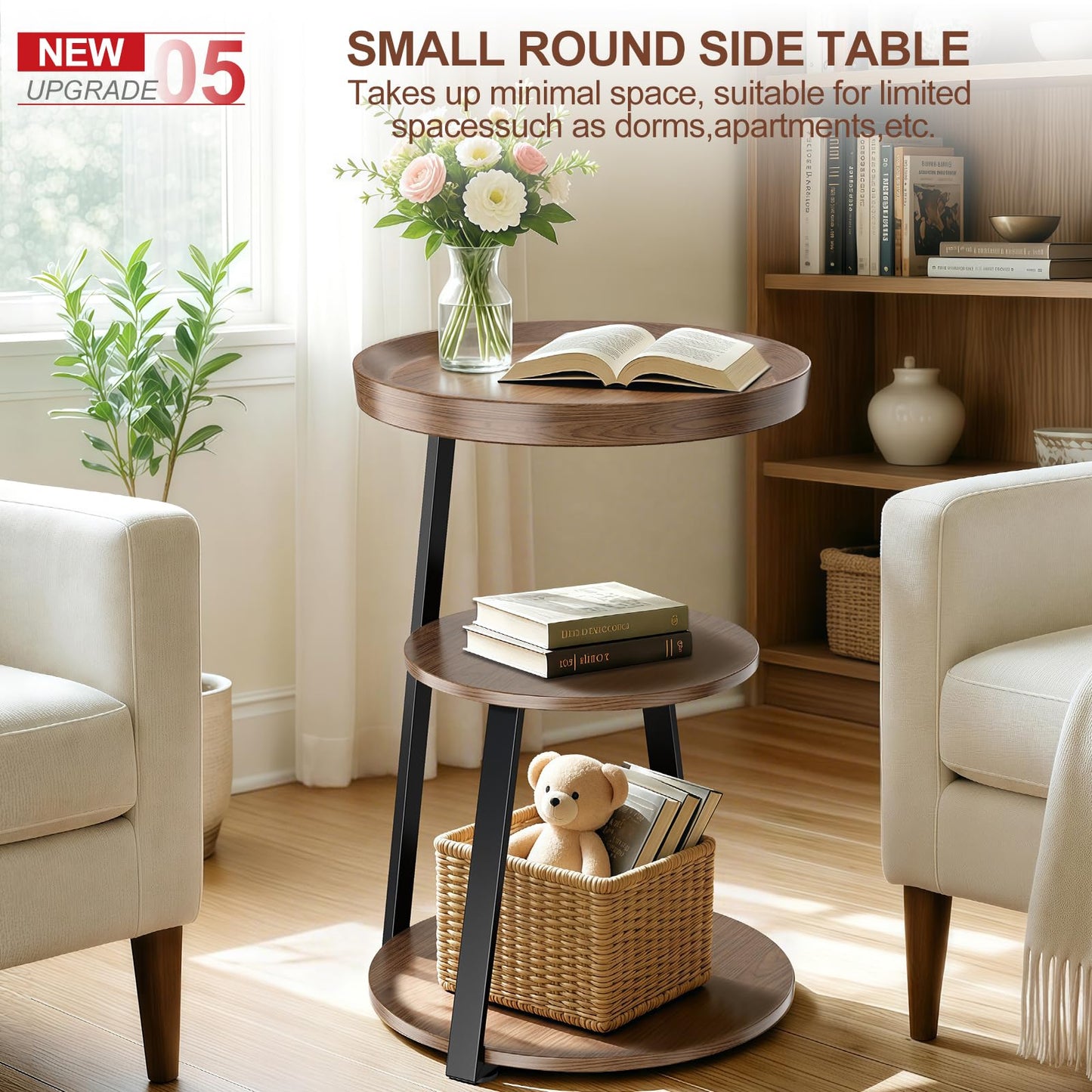 Round Side Table, 3-Tier Tray Top End Table with Storage Shelf, Ultra Stable Coffee End Table/Nightstand, Modern Farmhouse Couch Table for Living Room, Bedroom, Bedside Stand or Small Spaces, Walnut