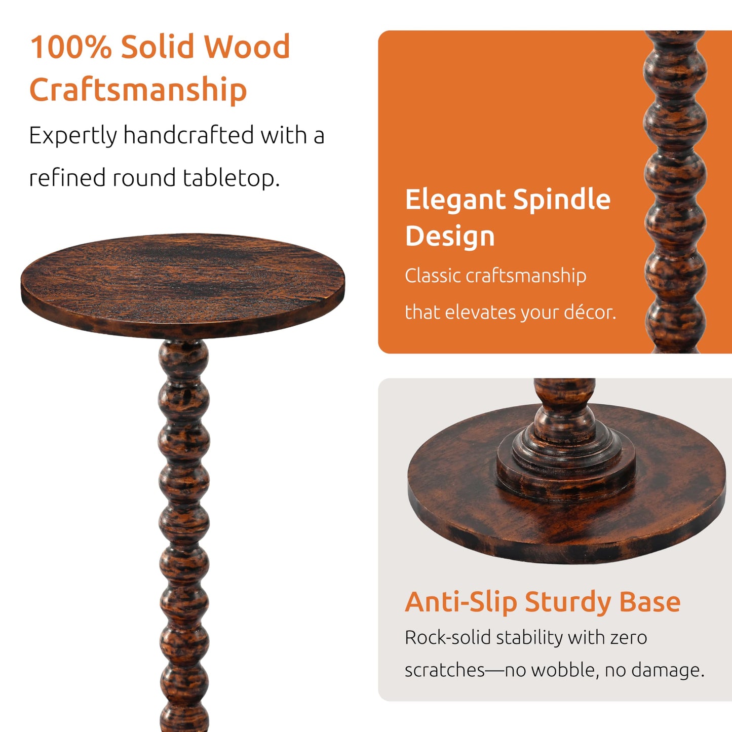LIVINGNISH Solid Wood Round Side Table for Living Room, Bedroom and Office — Handcrafted 22-Inch End Table, Bedside Nightstand, Accent Table for Small Spaces with Tool-Free Assembly- Rustic Brown