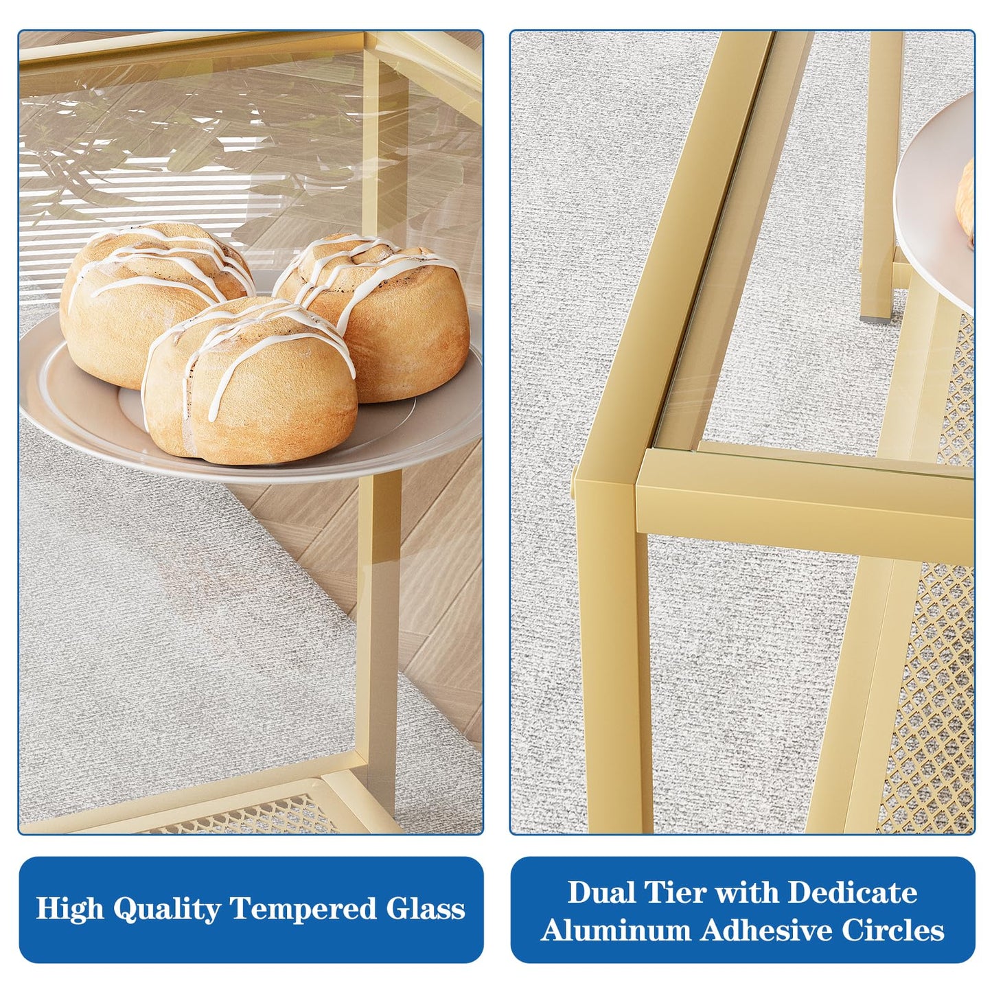 Gold Glass Coffee Table, Square Coffee Tables with Storage Shelf, Simple Tea Cocktail Modern Center Tables for Small Space, Living Room, Easy Assembly, 26 * 26in（Gold）