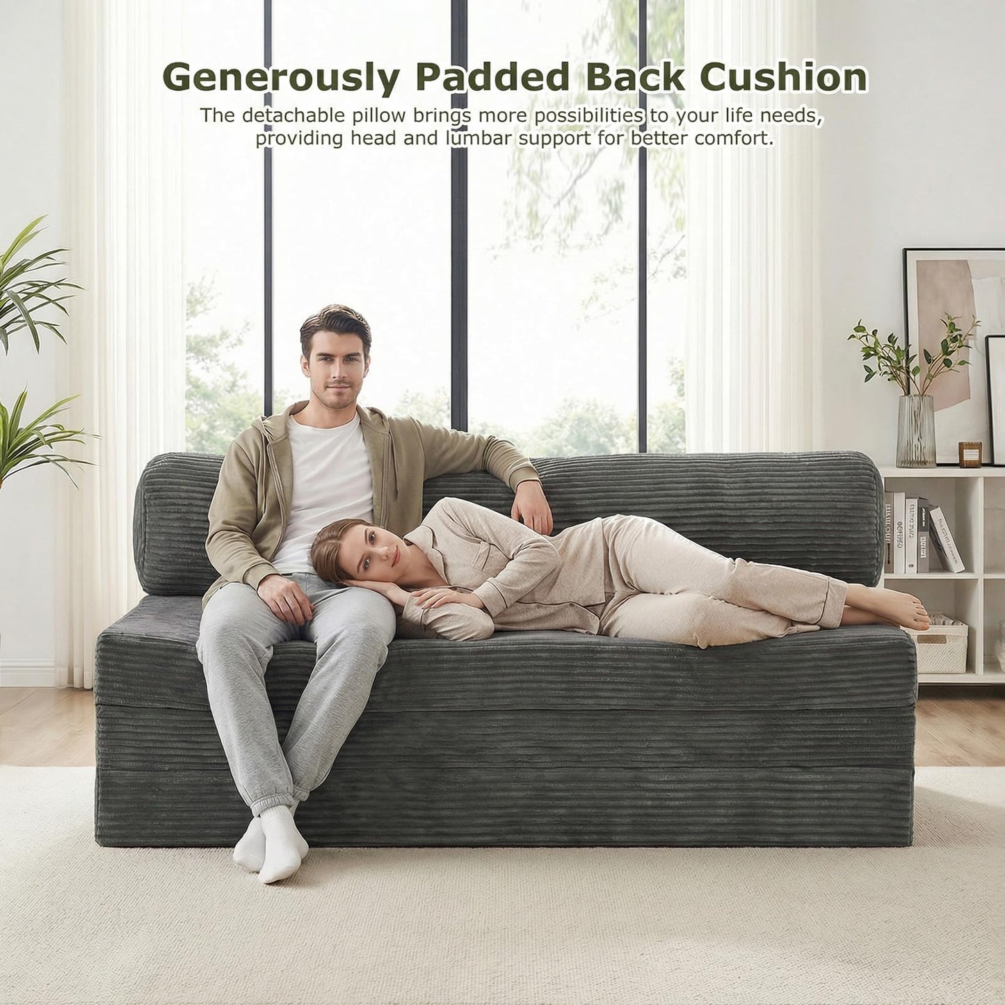 NLDD 5-in-1 Convertible Sofa Bed, Boneless Loveseat, Tri-fold Futon Sofa Bed with Removable Cushions & Washable Cover, Pull Out Couch with Handle, for Small Spaces, Queen Size, Grey