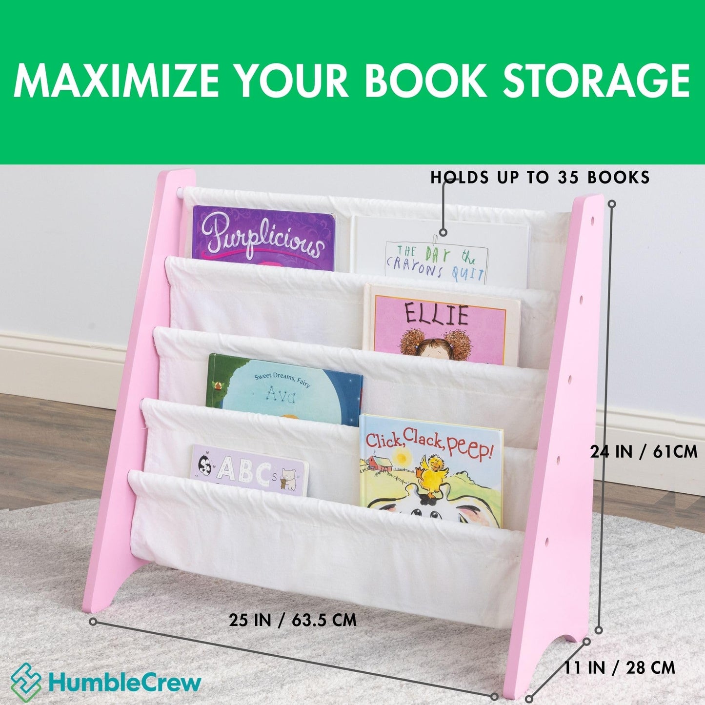 Humble Crew Kids Bookshelf, 4-Tier Front-Facing Book Display Organizer, Montessori Toddler Bookcase for Playroom, Bedroom & Reading Corner, Pink/White