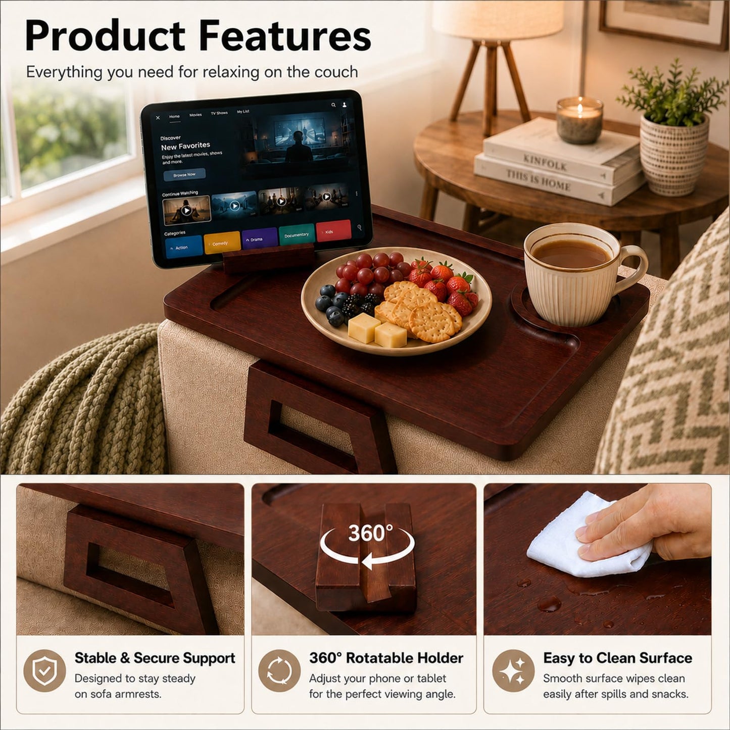 Couch Trays & Sofa Armrest Table - Multi-Functional Arm Trayes for Couch, Perfect Sofa Arm Tray Table for Snacks & Drinks