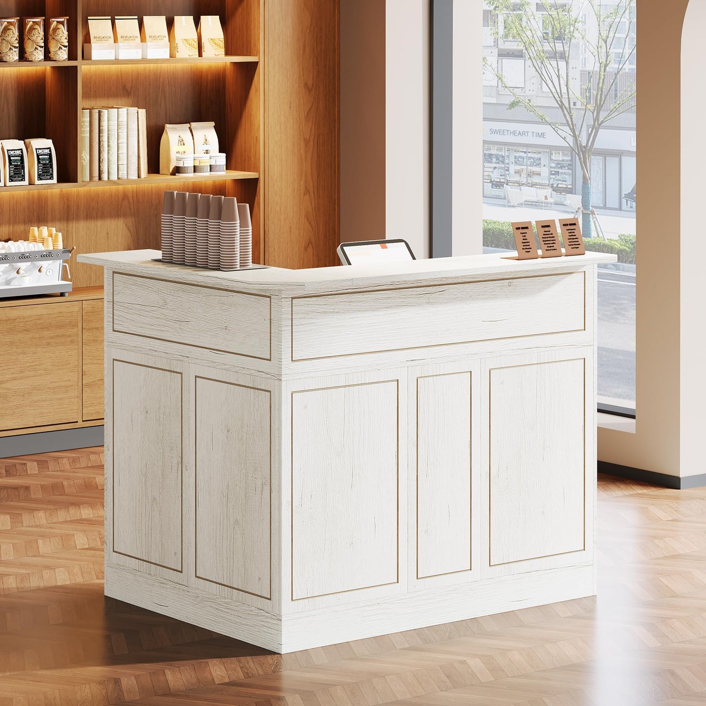 Tribesigns Reception Desk with Storage Shelves, L-Shaped Modern Front Desk, Reception Counter Table for Small Office, Salon, Checkout, White