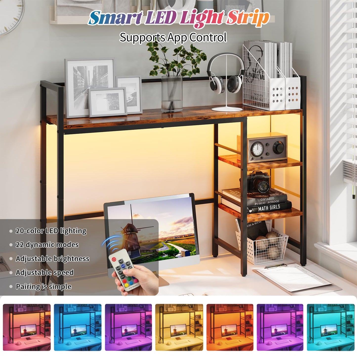HavenlyYouth Desk Shelf with LED Light Strip, 3-Tier Storage Desktop Organizer Shelf, 38.6" Wood Desktop Bookshelf for Computer Monitor, Desk Hutch for Home Office Dorm, Rustic