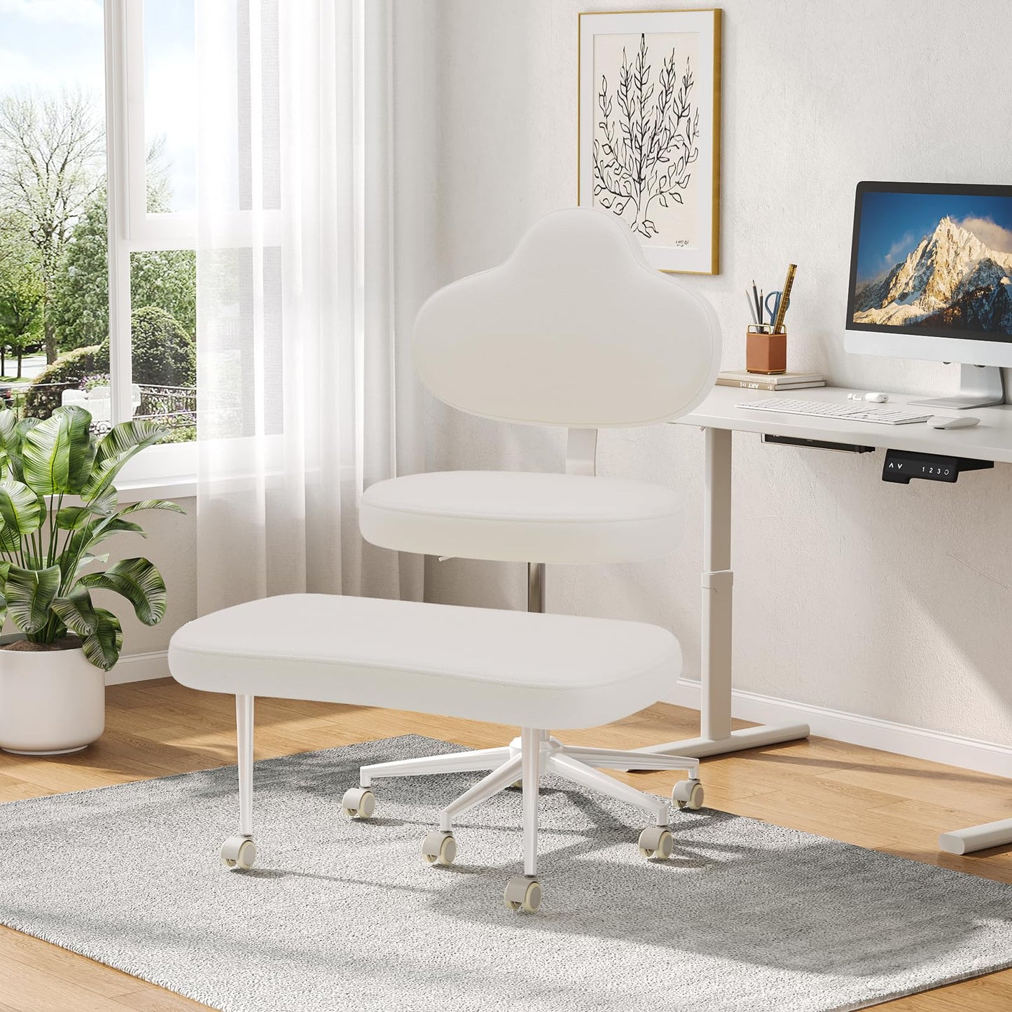 Cross Legged Office Chair with Wheels for ADHD, Ergonomic 360° Swivel Height-Adjustable Meditation Chair for Yoga, Kneeling Chair with 4 inch seat Cushion and Lumbar Support, PU Leather, Off White