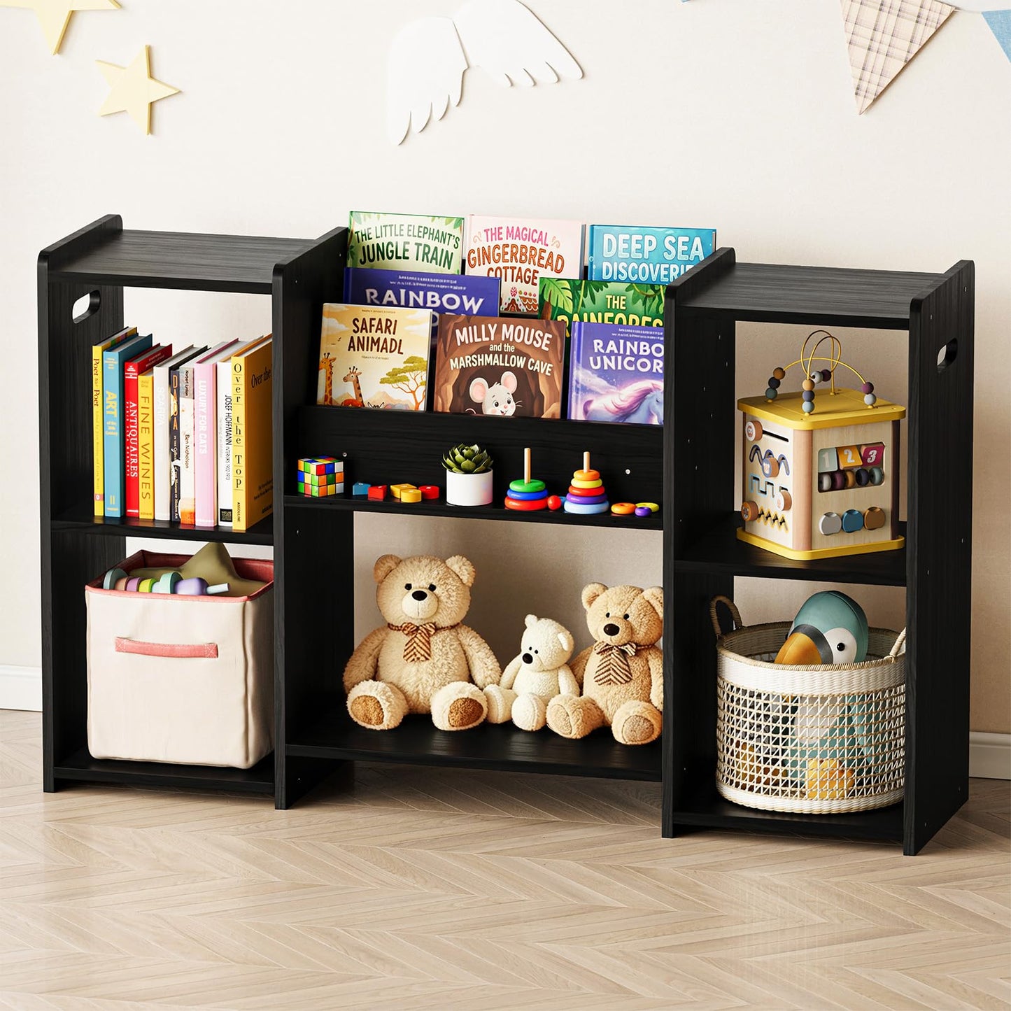 SpaceAid 6-in-1 Bookshelf Storage Organizer, Montessori Bookcase for Toddlers, Wooden Book Rack Shelf Cabinet Furniture for Kids Rooms, Playroom, Nursery and Classroom, 45.6“ Wide, Black