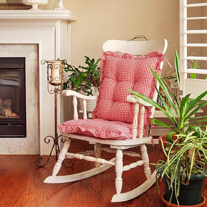 Lewtemi 2 Set Red Gingham Rocking Chair Cushion Village Ruffled Rocking Chair