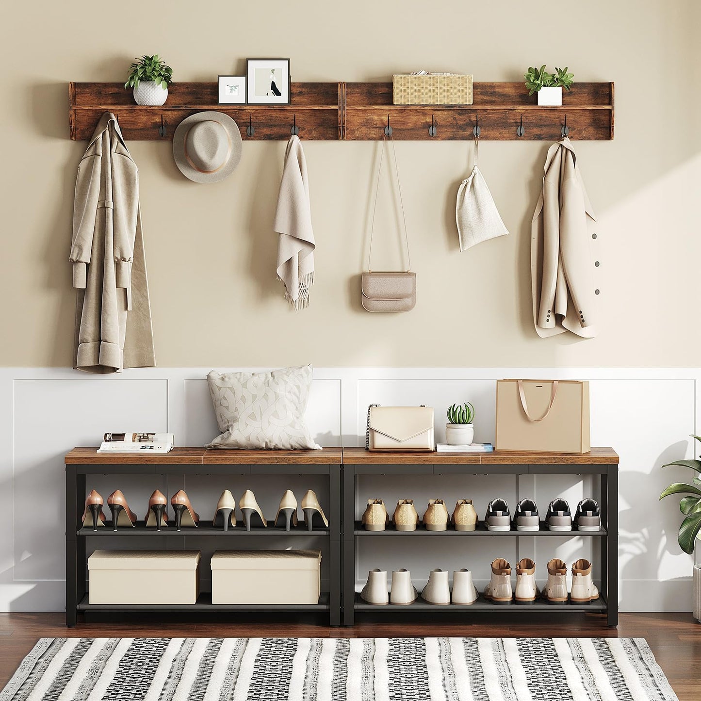 HOOBRO Shoe Bench, 3-Tier Shoe Rack Bench with Oxford Fabric Shelves, 29.5" L Industrial Shoe Storage Organizer for Hallway, Living Room, Holds Up to 300 lb, Space-Saving, Rustic Brown BF77HX01