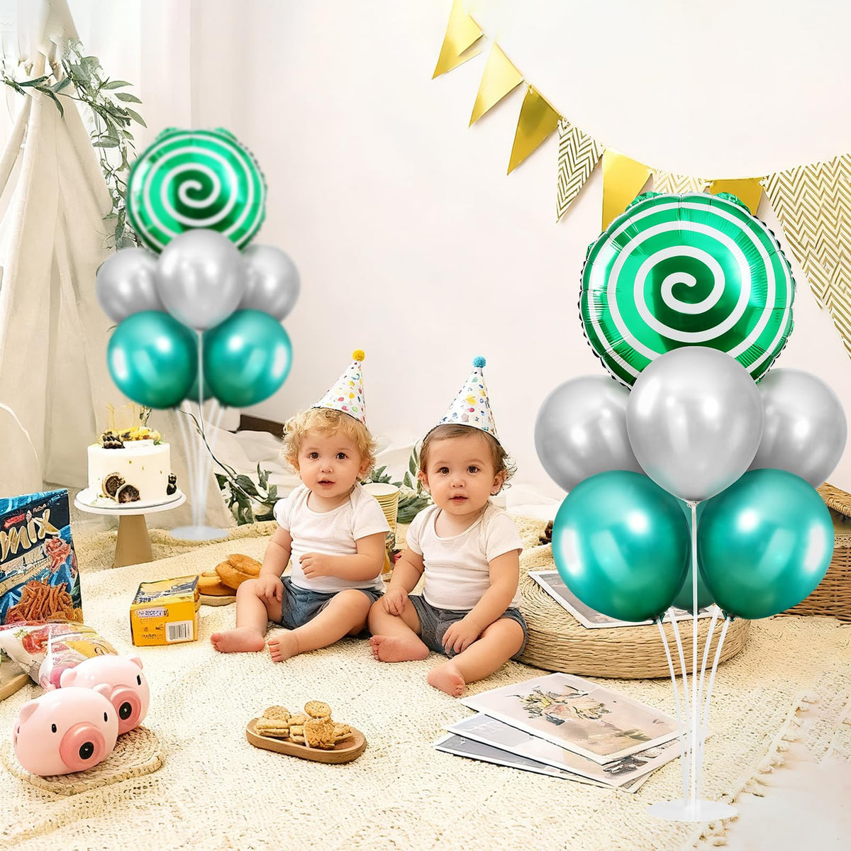 2 Sets Red White Lollipop Balloon Stand Kit, 18 Inch Swirl Foil Balloons Table Centerpieces for Candyland Birthday Party Decorations, Baby Shower, Sweet Candy Themed Party Supplies-Green