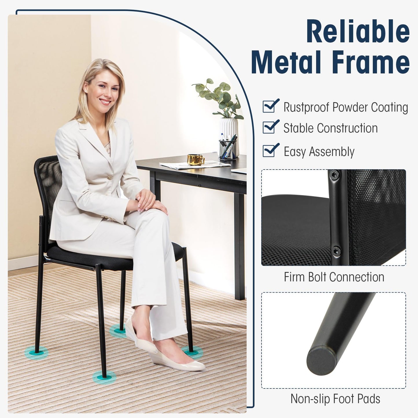 Giantex Waiting Room Chairs Set of 2 - Stackable Guest Chairs w/Ergonomic Backrest, Padded Seat, Lobby Chair for Conference, Meeting Room, Reception, Armless Desk Chair, Mesh Office Chairs (Black)