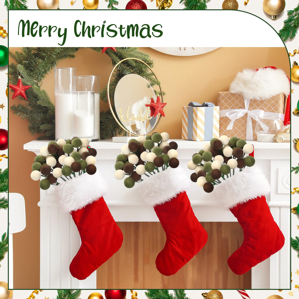 Syhood 12 Set 7.9 Inch Christmas Ball Picks and Sprays Shatterproof Xmas Brown Dark Green Beige Ball Ornaments on Wired Picks for Christmas Tree Vase Wreath Stairs Garland Decoration Supplies