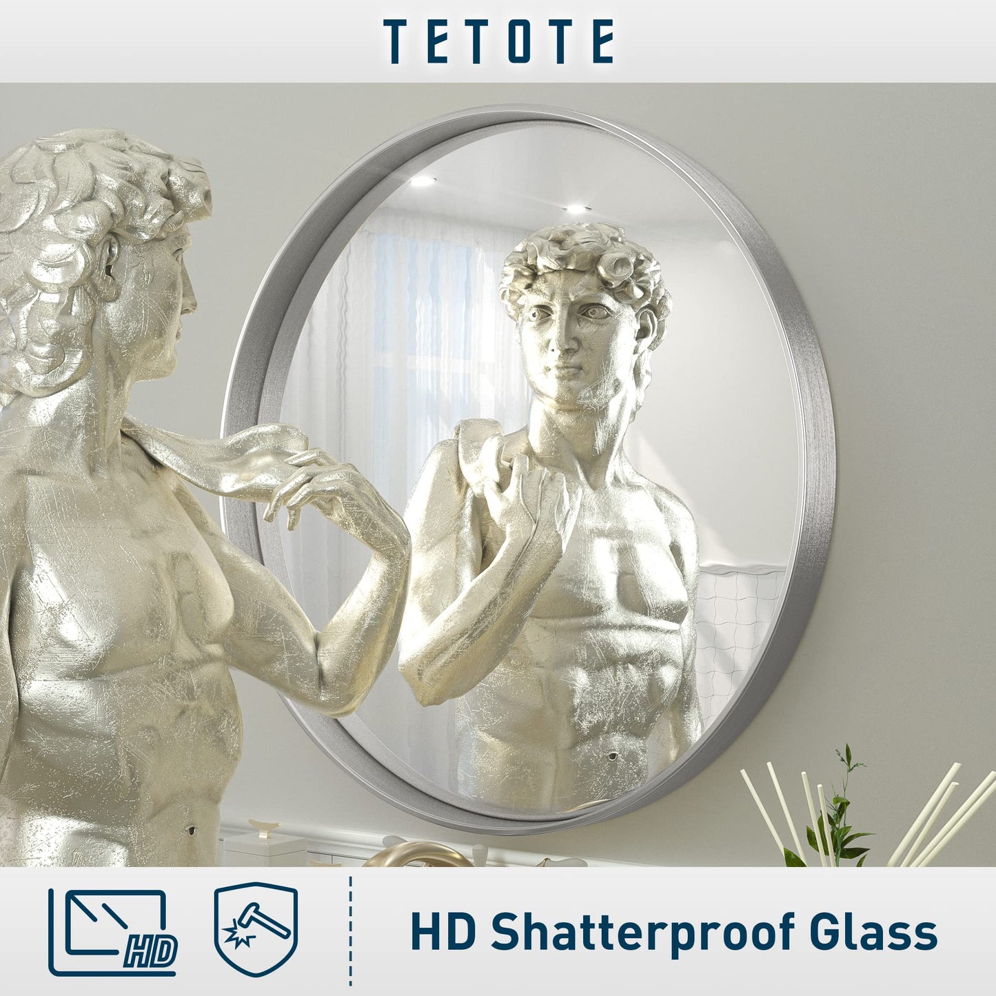 TETOTE Silver Round Mirror for Bathroom, 30 Inch Modern Circle Mirrors, Wall Mounted Brushed Silver Metal Framed Entryway Decorative Farmhouse Vanity Mirror