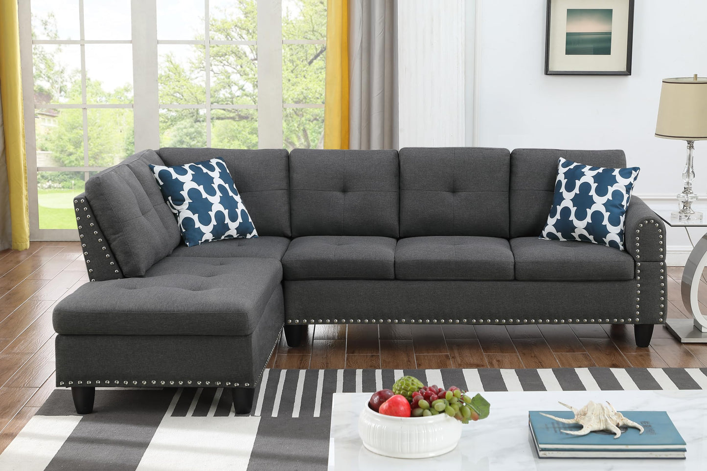 Ball & Cast 98" L Shaped Sectional Couch for Living Room with Chaise & Storage Ottoman,4 Seat Faux Leather Upholstered Modular Sectional Sofa Set 3 PCS W/Cup Holder&Nailhead Trim,for Home,Office,Black