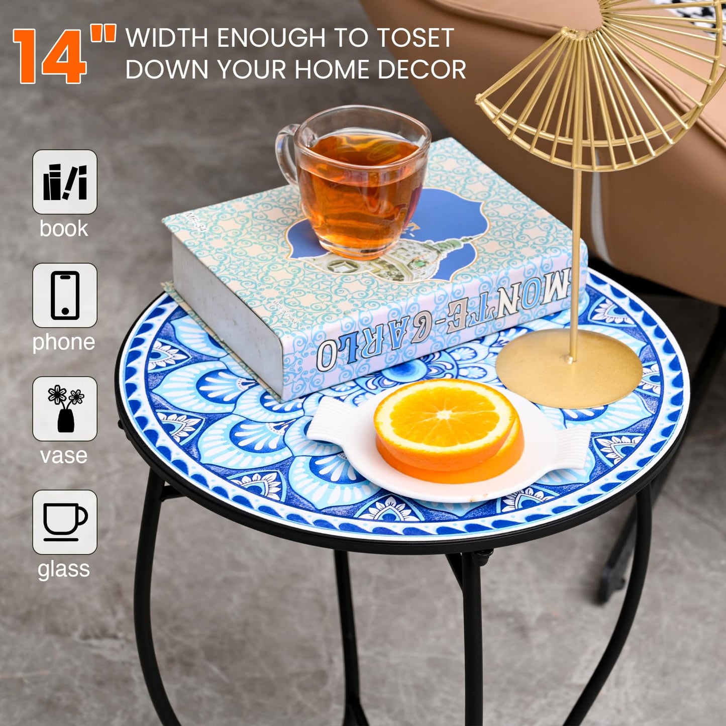Round Side Table, Indoor Outdoor Small Side Table, Weather Resistant Black Metal Side Table for Livingroom Patio Balcony Yard Porch Garden, 14” Diameter and 17” H Patio Accent Table Plant Stand