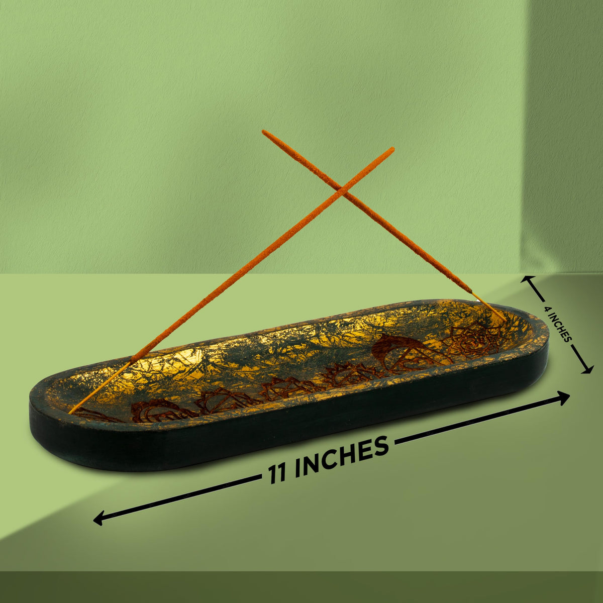 UnitedPrime Hand Carved Incense Holder-Incense Burner/Ash Catcher/Handmade Wooden Insence Tray – Modern Gift Home/Room/Seven Chakra Blue Gold Kitchen Décor Size 11x4x1.5 Inches