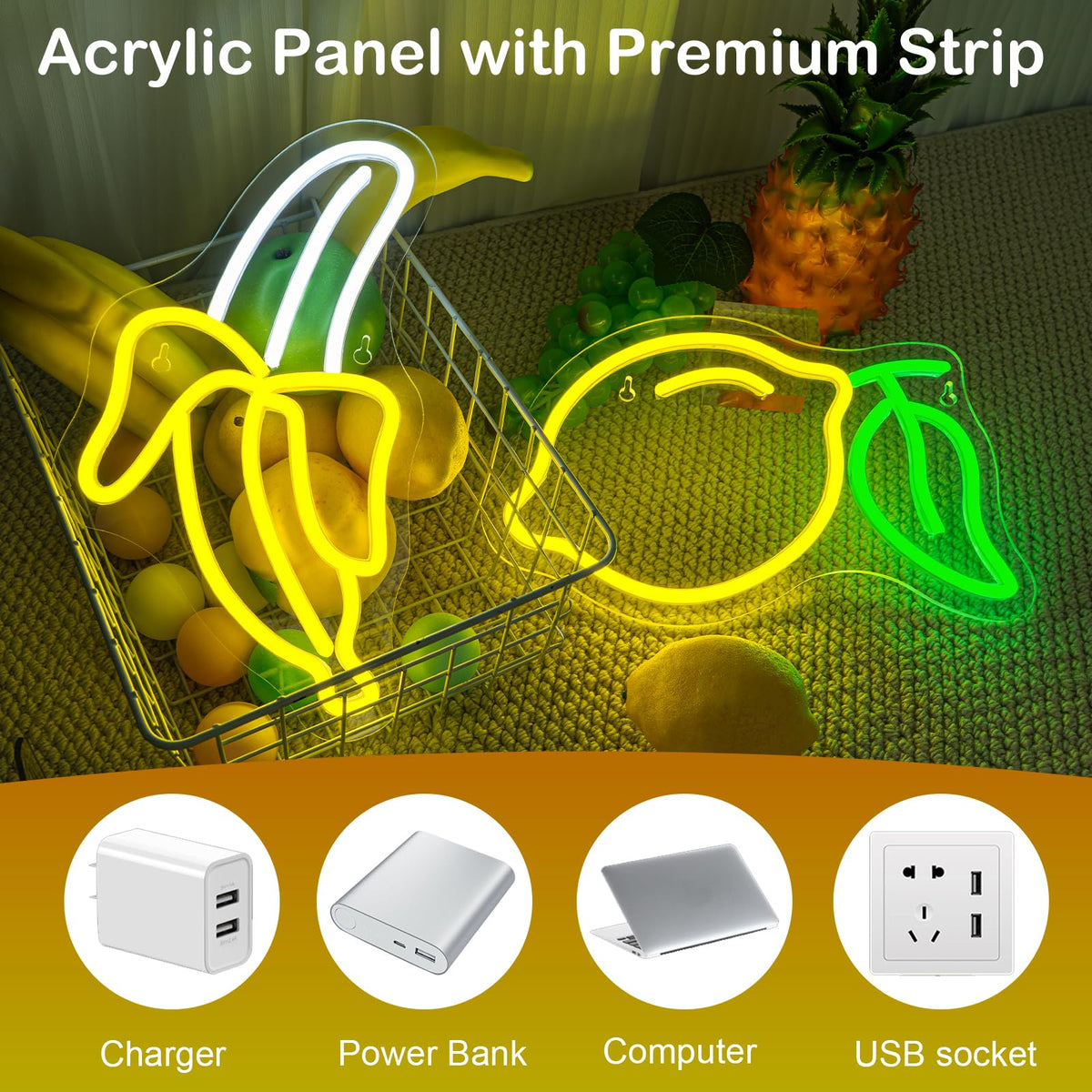 Banana and Lemon Neon Sign Set of 2 （1 Banana Light+1 Lemon Light）Fruit Neon Lights for Wall Decor, Kids Room, USB Powered Acrylic Neon Art for Bedroom Classroom