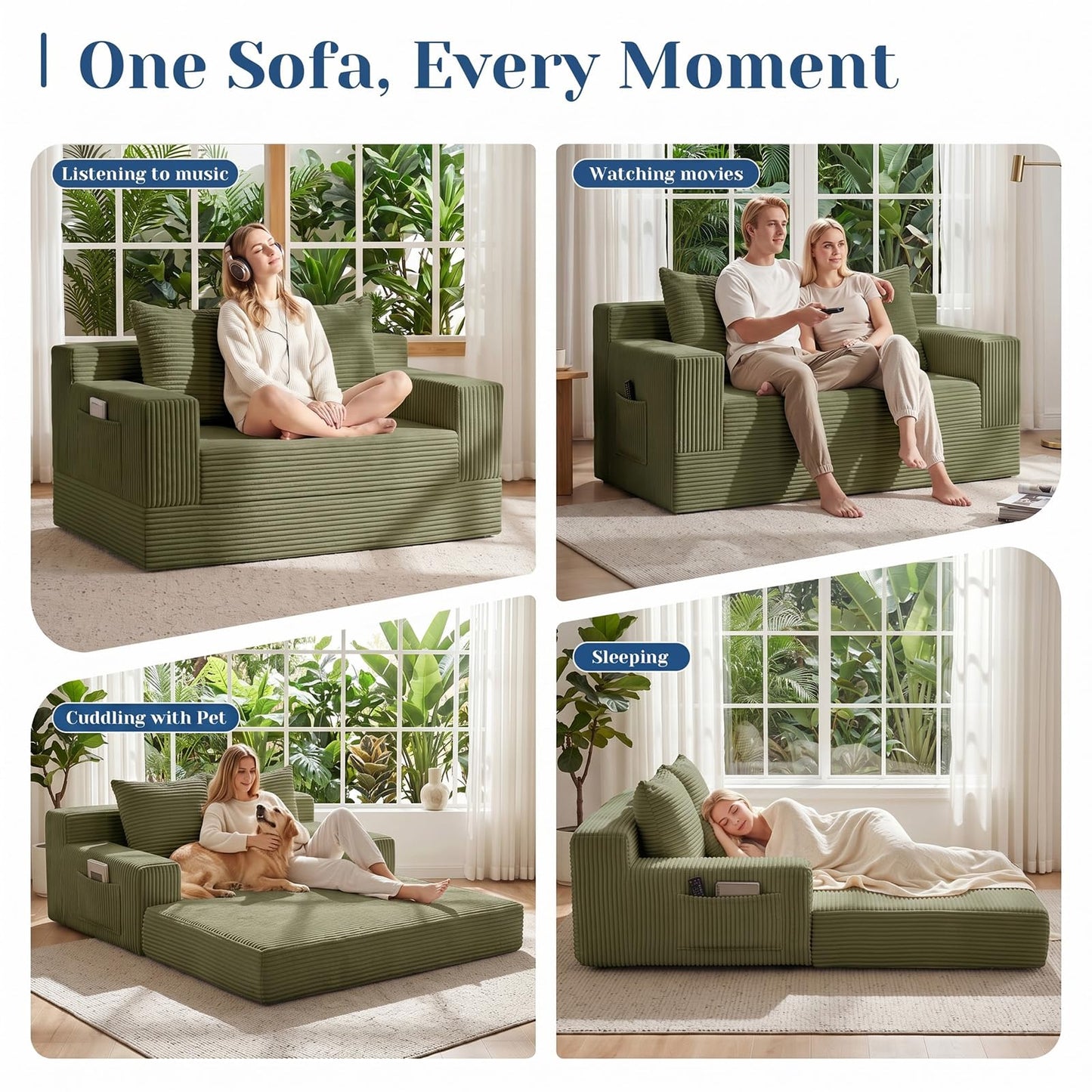 Convertible Sofa Bed,Small Boneless Couch & Boneless Loveseat,Pull Out Couch Bed for Small Spaces,Premium Luxe Corduroy Folding Floor Futon Sleeper with Side Pocket & 2 Pillows,No Assembly Required