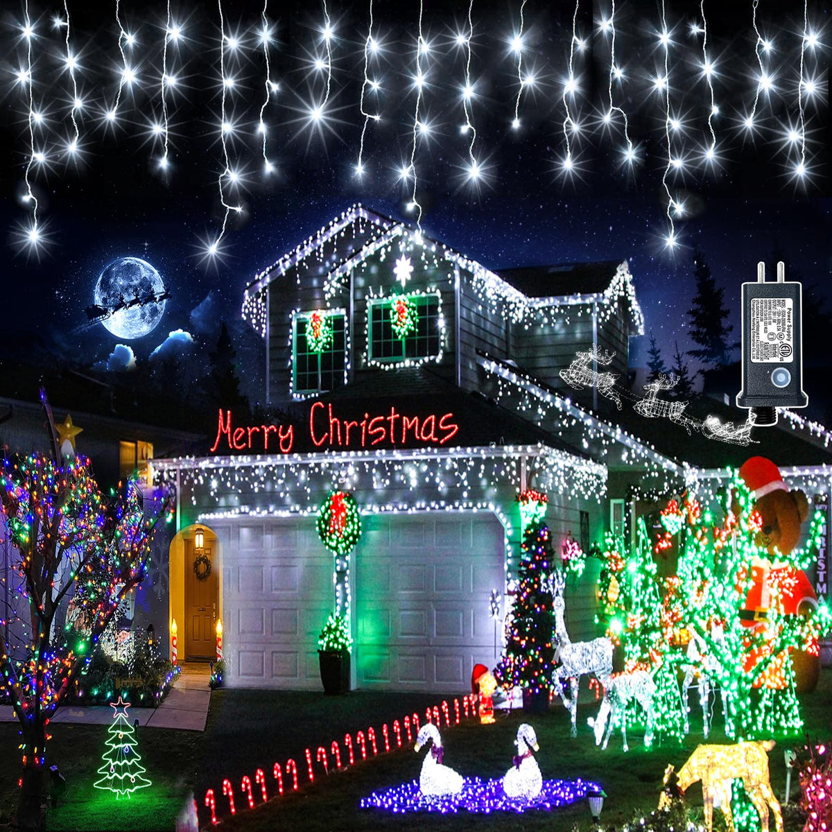 Icicle Christmas Lights Outdoor - 66ft 640 LED Icicle Lights for Outside 8 Modes with 120 Drops, Waterproof Plug in Fairy String Lights for Party Holiday Wedding Christmas Decoration, Cool White