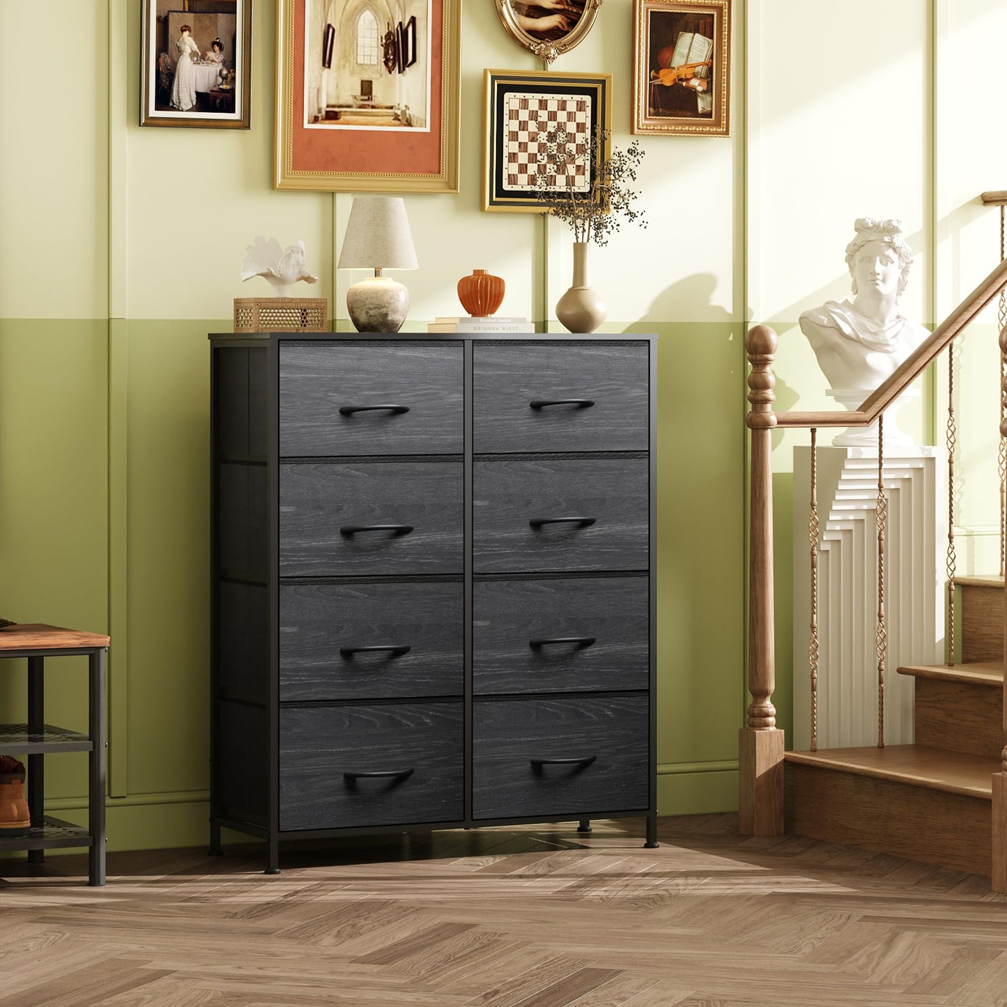 WLIVE Fabric Dresser for Bedroom, Tall Dresser with 8 Drawers, Storage Tower with Fabric Bins, Double Dressers, Chest of Drawers for Closet, Living Room, Dormitory, Charcoal Black Wood Grain Print