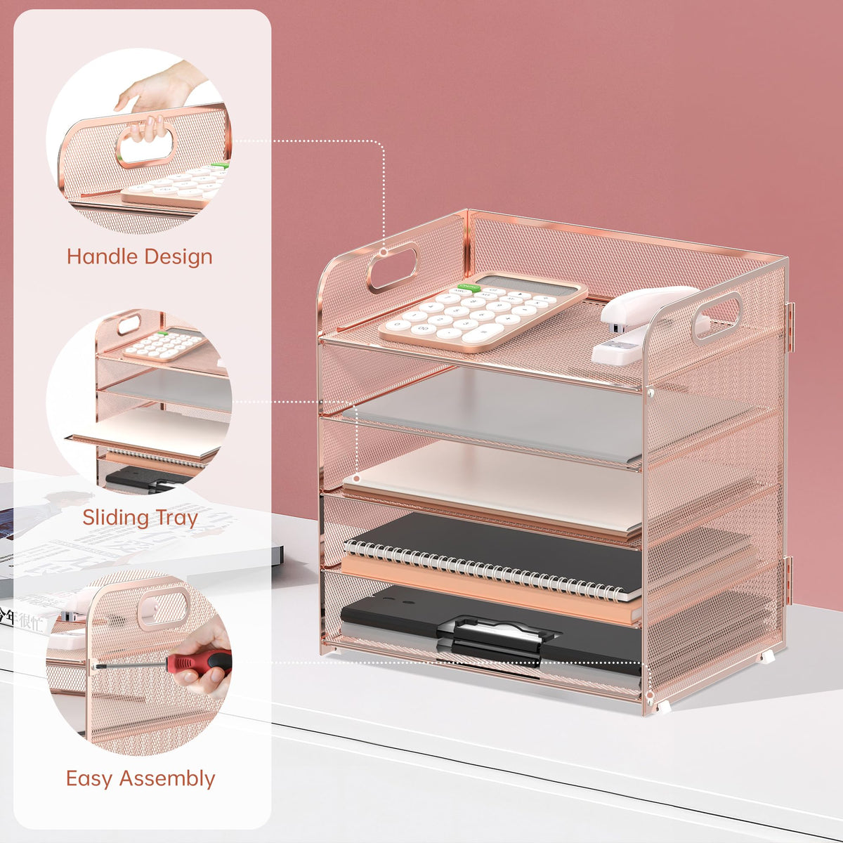 Supeasy 5 Trays Paper Organizer Letter Tray with Handle-Mesh Desk File Organizer, Paper Sorter Desk Organizer for Office, Home or School (Rose Gold)