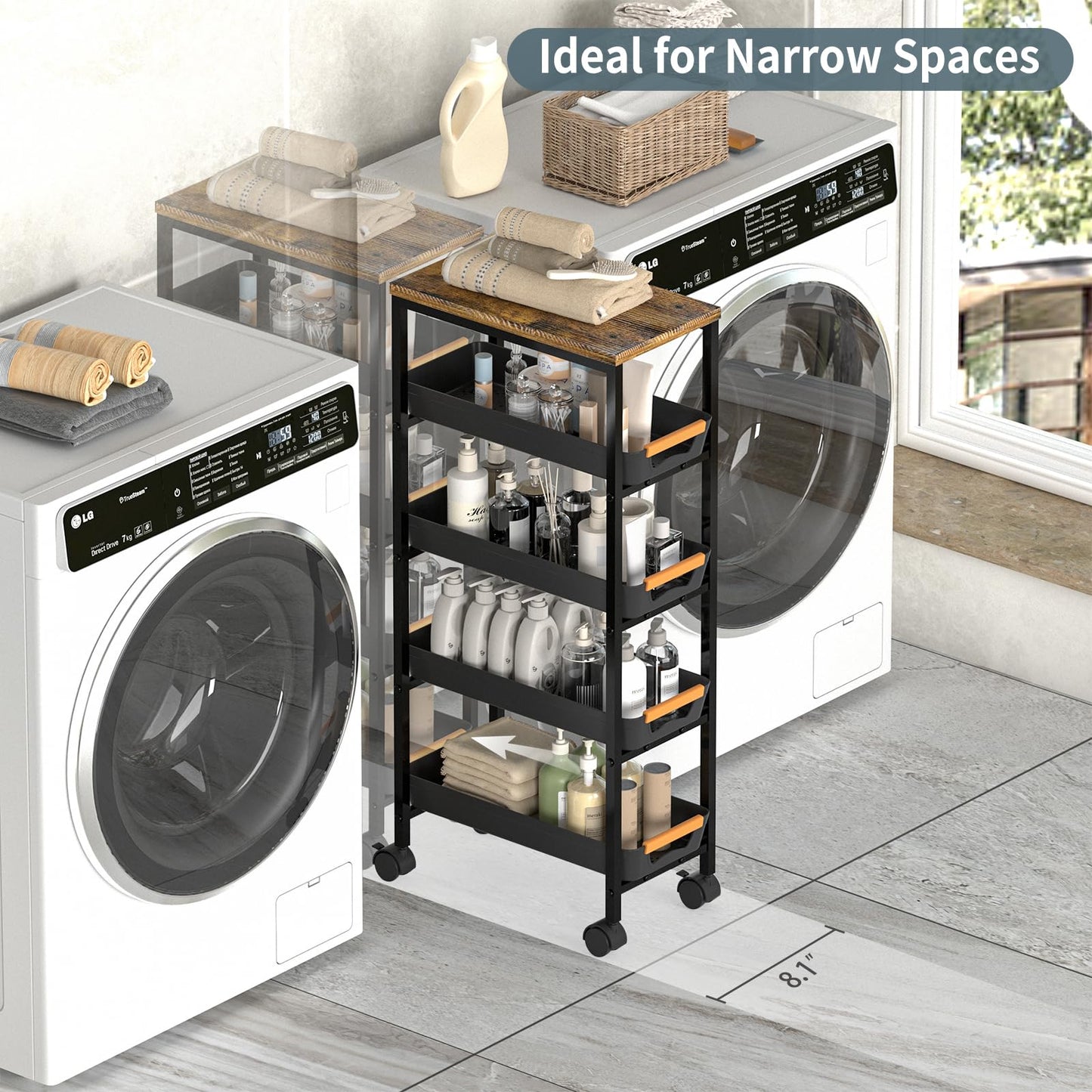 SHAJOPH 5 Tier Slim Rolling Utility Cart with Drawers Pull-Out Design Slim Storage Cart with Metal Frame and Wooden Top for Narrow Space in Home Kitchen Bathroom Black (Width 8.1 Inches)